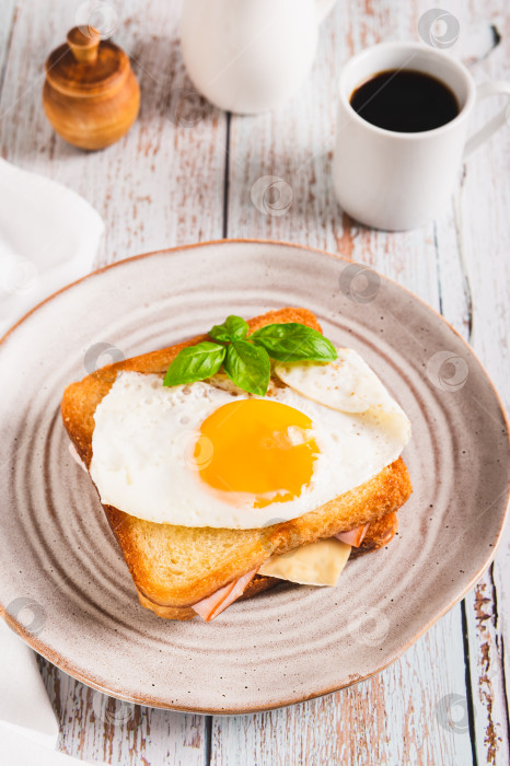 Скачать Французский сэндвич croque madame с горячим завтраком на тарелке на столе вертикальный вид фотосток Ozero