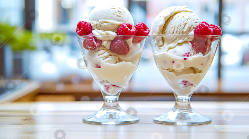 Скачать Две порции веганского мороженого с малиной в стаканах. Создан искусственный интеллект. фотосток Ozero