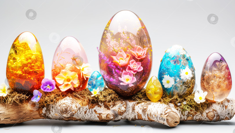 Скачать Красочные пасхальные яйца из цветов в эпоксидной смоле, созданные искусственным интеллектом фотосток Ozero
