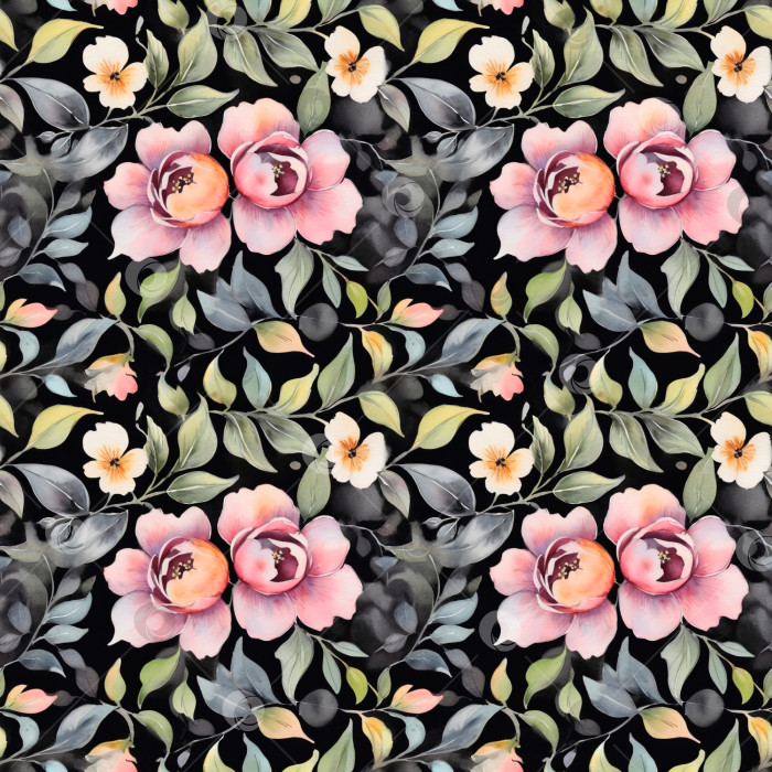 Скачать Фоновая цветочно-акварельная текстура обоев выполнена в многоцветной черной пастели. бесшовный узор фотосток Ozero