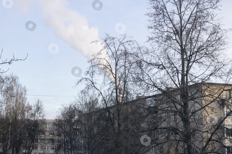 Скачать Жилой дом, голые деревья и труба с дымом фотосток Ozero