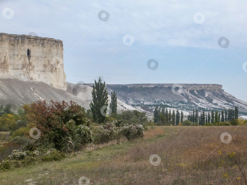 Скачать Спокойный пейзаж белых склонов горы Ак-Кая, знаменитой достопримечательности Крыма, в пасмурный осенний день. Место для вашего текста. фотосток Ozero