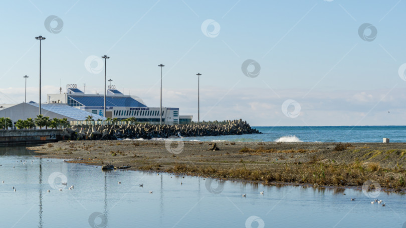 Скачать Сочи, Россия - 23 ноября 2020 года: Вид на здание Морского вокзала в Сочи. Современное здание на фоне голубой глади Черного моря. фотосток Ozero