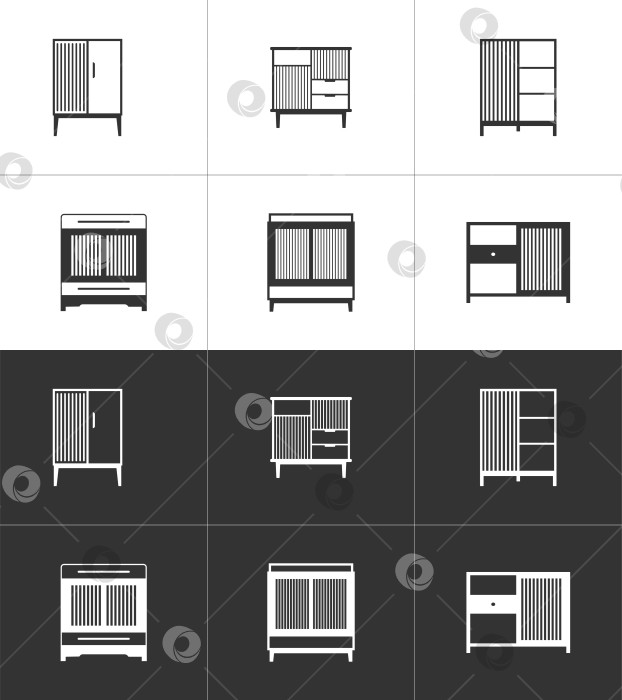 Скачать Тумбочки. Набор плоских мебельных иконок. Черные и белые фотосток Ozero