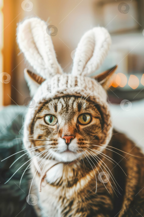 Скачать Милый домашний спокойный, удивленный и забавный кот в шапке с длинными кроличьими ушами. Искусственный интеллект сгенерирован. фотосток Ozero
