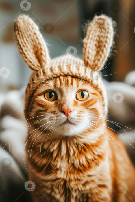 Скачать Милый домашний спокойный, удивленный и забавный кот в шапке с длинными кроличьими ушами. Искусственный интеллект сгенерирован. фотосток Ozero