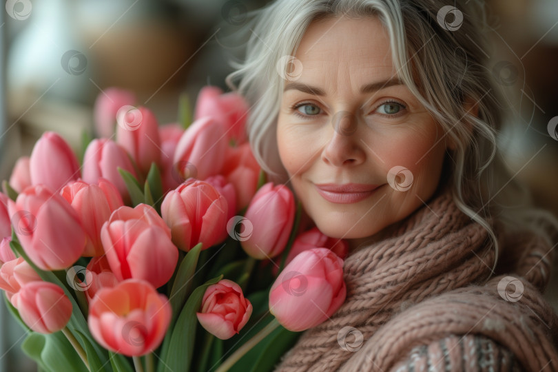 Скачать Портрет красивой седовласой взрослой женщины с букетом розовых тюльпанов фотосток Ozero
