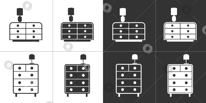 Скачать Комоды с настольными лампами. Белые и чёрные линейные иконки фотосток Ozero