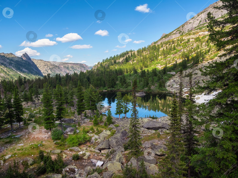 Скачать Альпийское озеро среди каменных лугов в высоких горах. фотосток Ozero