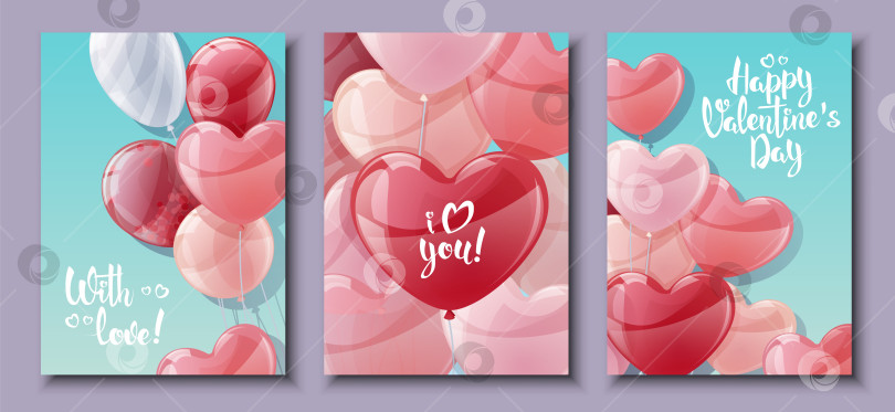 Скачать Набор открыток ко Дню Святого Валентина и Дню матери. Плакат, баннер с воздушными шарами на синем фоне. Фон с летящими гелиевыми шарами в форме сердечек. фотосток Ozero