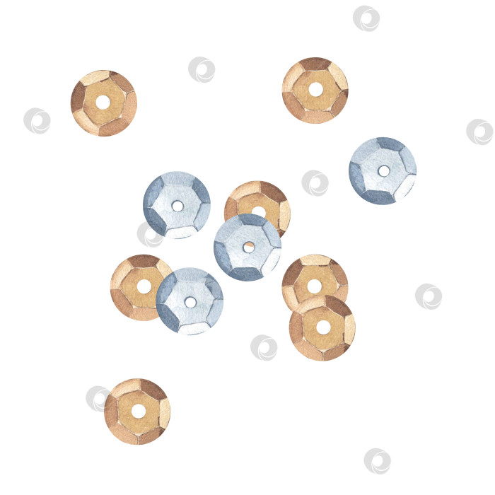Скачать Пайетки золотые и синие. Крупные многогранные пайетки для шитья и декорирования одежды. Материал для творчества и вышивки на одежде. Акварельная иллюстрация для оформления фона. фотосток Ozero
