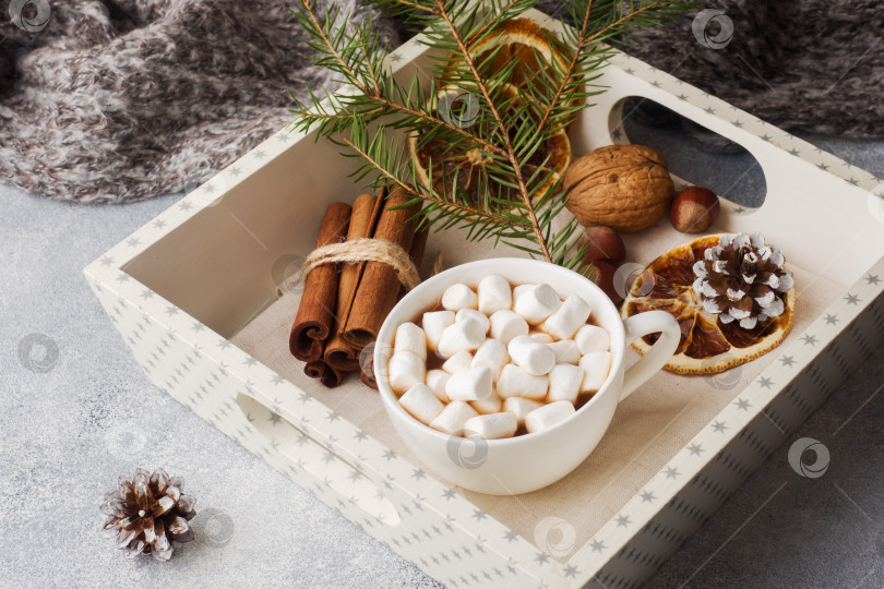 Скачать Горячий шоколад с зефиром, палочками корицы, анисом, орехами на деревянном подносе, рождественская концепция фотосток Ozero