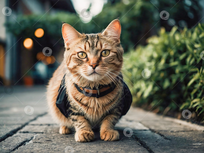 Скачать Полосатая кошка в упряжи на мощеной дорожке, смотрящая в сторону на фоне зелени и теплых огней фотосток Ozero