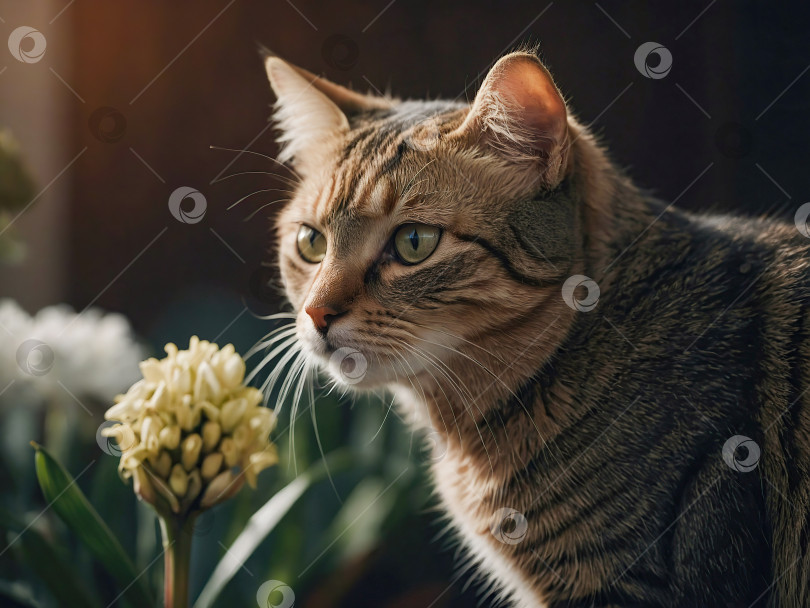 Скачать Полосатая кошка в упряжи на мощеной дорожке, смотрящая в сторону на фоне зелени и теплых огней фотосток Ozero
