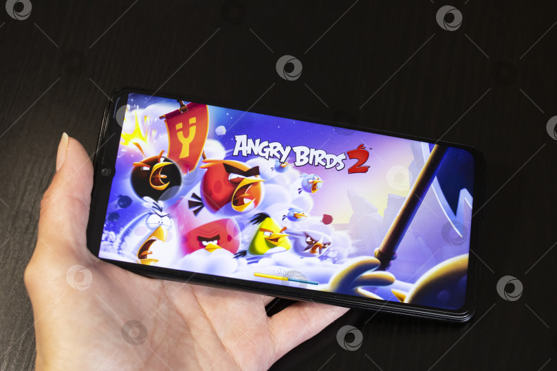 Скачать БЕЛАРУСЬ, НОВОПОЛОЦК - 27 марта 2021 года: игра Angry birds 2 на дисплее телефона фотосток Ozero