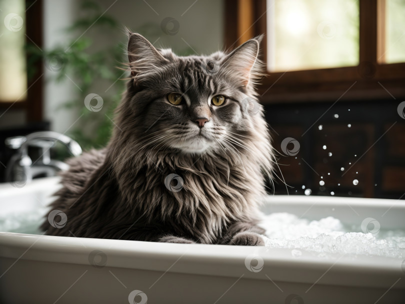 Скачать Кошка породы мейн-кун спокойно сидит в ванне, наполненной водой, демонстрируя ухаживающий аспект ухода за мейн-кунами фотосток Ozero