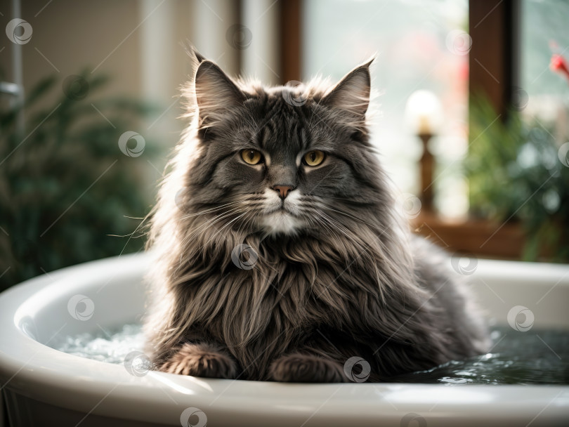 Скачать Кошка породы мейн-кун спокойно сидит в ванне, наполненной водой, демонстрируя ухаживающий аспект ухода за мейн-кунами фотосток Ozero