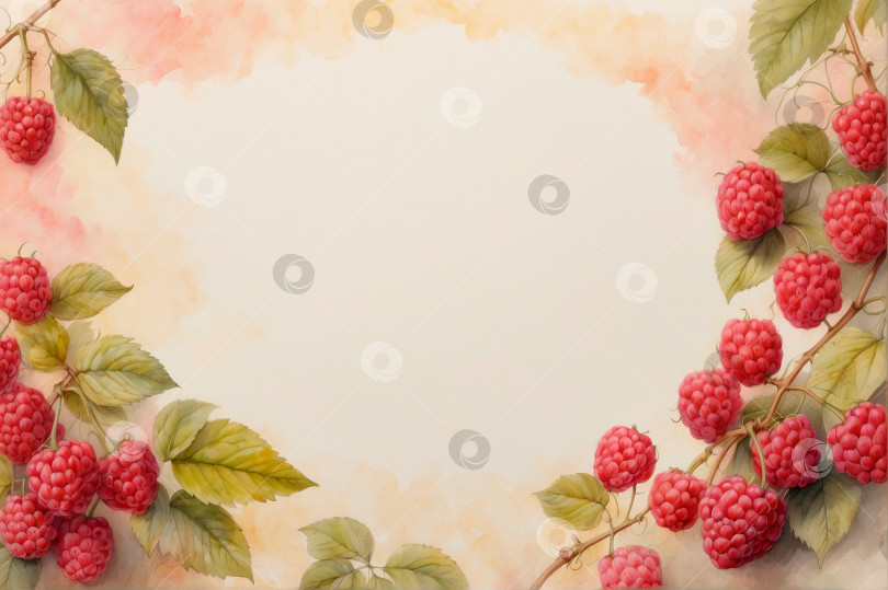 Скачать Рамка из ягод и листьев малины, выполненная акварелью, с копировальным пространством в центре. фотосток Ozero
