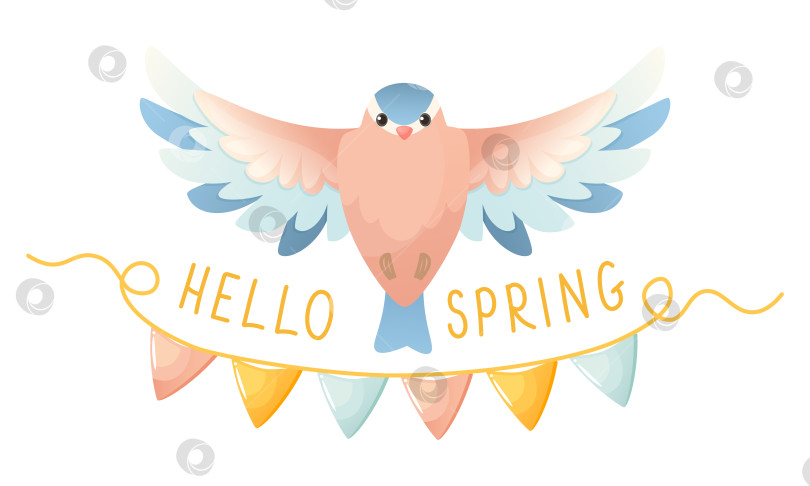 Скачать Весенняя птица в полете, надпись "Привет весне", украшенная флагами. фотосток Ozero