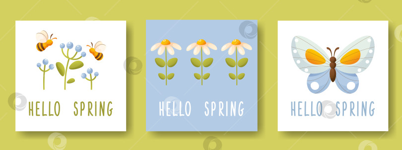Скачать Набор весенних открыток, текст "Привет весне", бабочка, цветы, пчела. фотосток Ozero