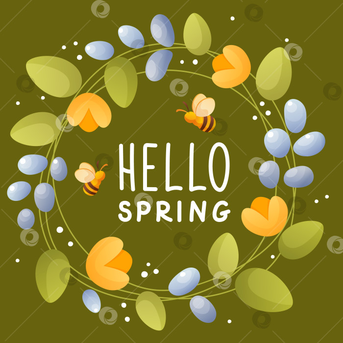 Скачать Весенняя открытка, привет весне, цветочный венок, пчела на зеленом фоне. фотосток Ozero