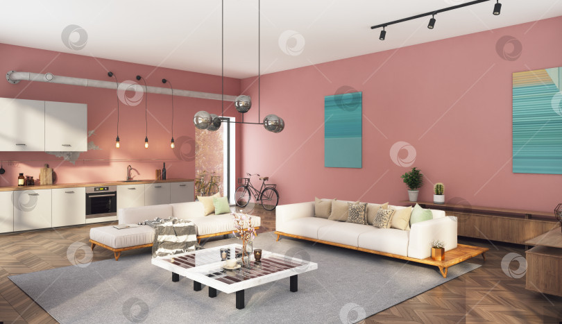 Скачать Современная гостиная с розовыми стенами, фотосток Ozero