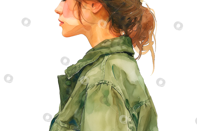 Скачать Акварельный рисунок профиля девушки примерно 25 лет, одетой в зеленую рубашку-жакет. фотосток Ozero