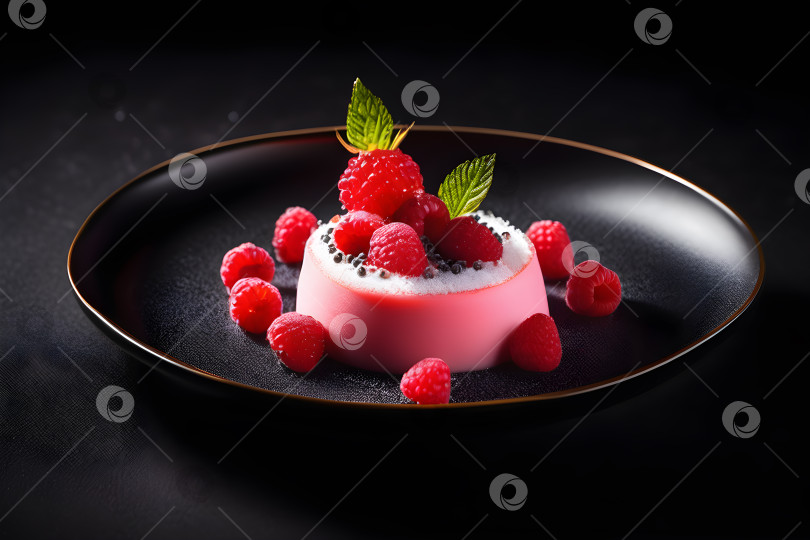 Скачать необычная молекулярная кухня с блюдом из малины на черной тарелке фотосток Ozero