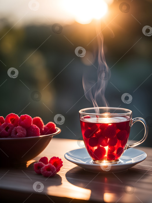 Скачать чай с малиной в прозрачной чашке на летнем солнечном фоне фотосток Ozero