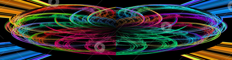 Скачать Яркий красочный абстрактный цветок в форме эллипса на черном фоне. Радужные линии создают лепестки и лучи, исходящие от цветка. Абстрактный фрактальный фон. 3D рендеринг. 3D иллюстрация. фотосток Ozero