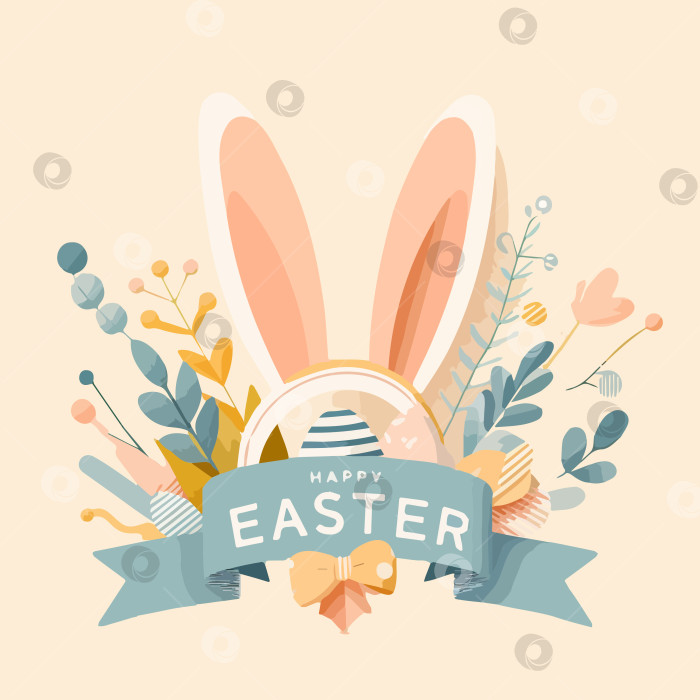 Скачать Векторная иллюстрация счастливого праздника Пасхи с крашеным яйцом, заячьими ушками и цветком на красочном фоне. Международный весенний праздник фотосток Ozero