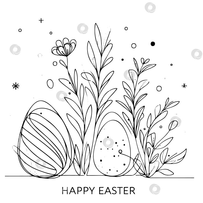 Скачать Пасхальные праздничные яйца с ветками растений, нарисованными одной линией. Концепция счастливой Пасхи. Дизайн поздравительного баннера. Современное искусство. Векторная иллюстрация в стиле минимализм. фотосток Ozero