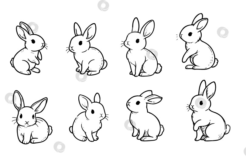 Скачать Векторная иллюстрация наброска контура милого кролика-кролика. Минималистичный рисунок линии кролика в разных позах. фотосток Ozero