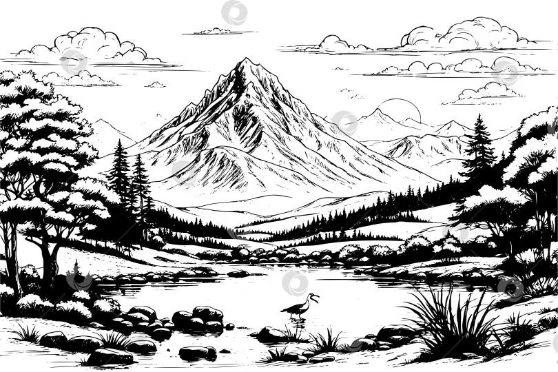 Скачать Гора с соснами и озерным пейзажем. Скалистые вершины, нарисованные от руки в стиле эскиза. фотосток Ozero
