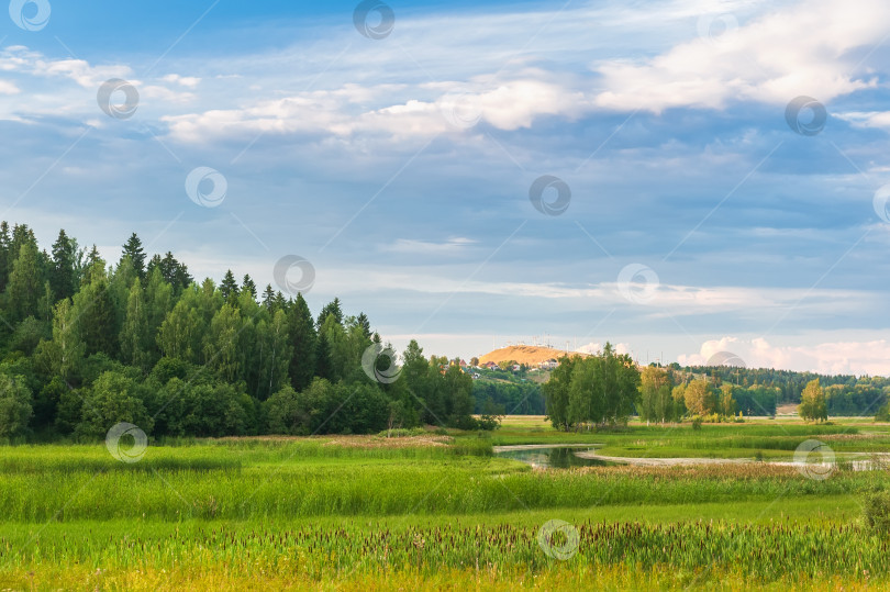Скачать Красивый осенний пейзаж с лугами, лесами, дорогим и красивым голубым небом с облаками. фотосток Ozero