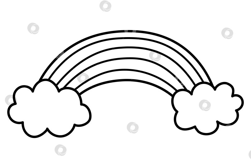 Скачать Векторная черно-белая радуга с облаками. Концепция сокровищ единорога или линейный значок. Волшебное или сказочное украшение для открыток, изолированных на белом фоне. Раскраска с милым элементом погоды фотосток Ozero