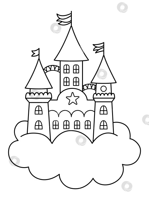 Скачать Векторный черно-белый замок единорога на облаке. Линейный значок дворца мира фантазий с башнями, флагами, крышами. Иллюстрация или раскраска с набросками сказочного дома принцессы фотосток Ozero