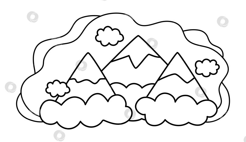 Скачать Векторный черно-белый пейзаж волшебных гор. Концепция сказочной мировой линии с холмами и облаками. Фантастическая иллюстрация на открытом воздухе. Милая сказочная мистическая сцена или раскраска фотосток Ozero