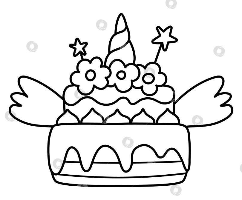 Скачать Векторный черно-белый торт радужного цвета с рогом единорога, звездами и крыльями. Десерт на день рождения в сказочной тематике. Милый дизайн шоколадного батончика. Значок линии сладкой пекарни или раскраска фотосток Ozero