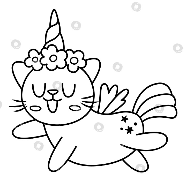 Скачать Векторный черно-белый счастливый кот единорог. Фантастическое животное с радужным рогом, хвостом, цветами на голове, крыльями, звездами. Сказочный персонаж для детей. Значок мультяшного волшебного существа или страница раскраски фотосток Ozero