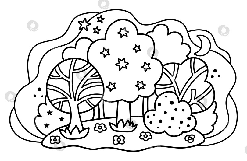 Скачать Векторный черно-белый волшебный лесной пейзаж. Концепция сказочного мира с деревьями, звездами, цветами, луной, ночным небом, кустами. Фантастическая иллюстрация на открытом воздухе. Милая мистическая раскраска с растениями фотосток Ozero