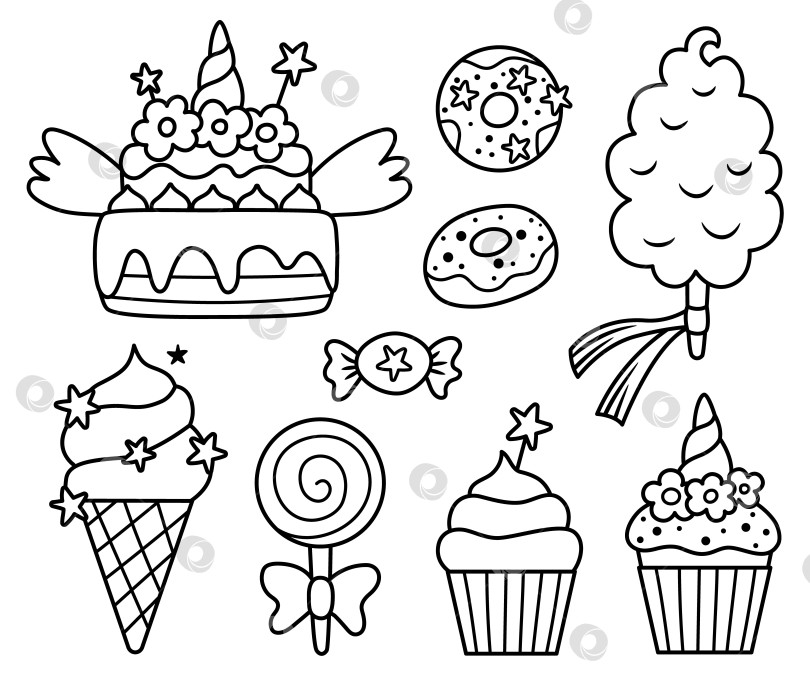 Скачать Векторный черно-белый набор сладостей. Милый линейный торт, мороженое, леденец на палочке, сахарная вата, пончик, кекс с рогом единорога, звездами, крыльями, радугой. Волшебные сказочные линейные десерты, коллекция раскрасок фотосток Ozero
