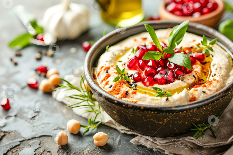 Скачать Хумус из нута с оливковым маслом и зернами граната. Создан искусственный интеллект. фотосток Ozero