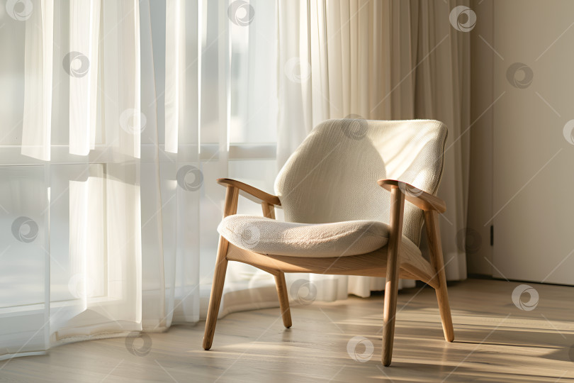 Скачать Кресло в скандинавском стиле из светлого дерева с белой обивкой, расположенное у окна фотосток Ozero