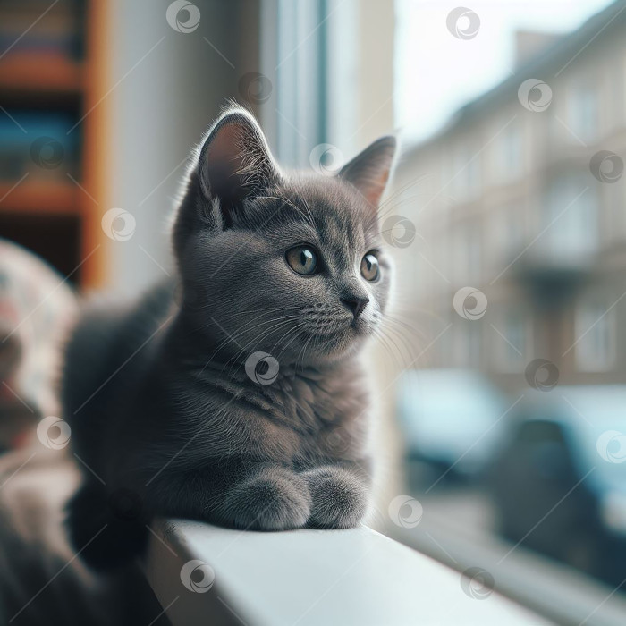 Скачать Серый котёнок смотрит в окно фотосток Ozero