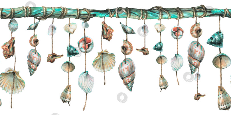 Скачать Морские ракушки подвешены на бирюзовых деревянных палочках. Акварельная иллюстрация, нарисованная от руки. Бесшовная морская, пляжная, летняя кайма для украшения и дизайна фотосток Ozero