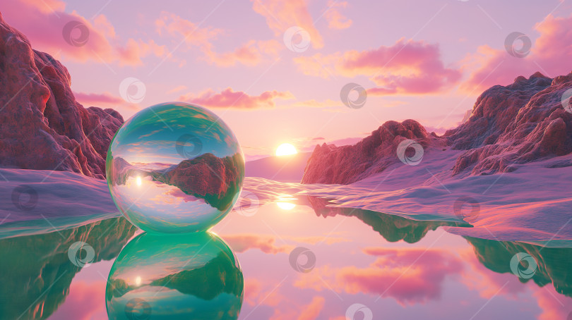 Скачать Сюрреалистическая сцена паровой волны с золотым шаром на фоне пейзажа с горами и морем. абстрактная сюрреалистическая розовая композиция в стиле 90-х. Сгенерированный искусственный интеллект. фотосток Ozero