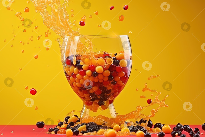 Скачать Фруктовый сок и ягоды в пузырчатом чае с сочными брызгами в стакане. Сгенерированный искусственный интеллект. фотосток Ozero