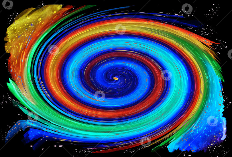 Скачать Радужная спираль быстро вращается на черном фоне. Имитация акварельного рисунка. Яркая красочная динамичная текстура. фотосток Ozero
