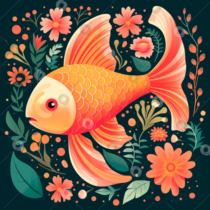 Скачать Иллюстрация с милой золотой рыбкой, красными цветами и морскими водорослями фотосток Ozero